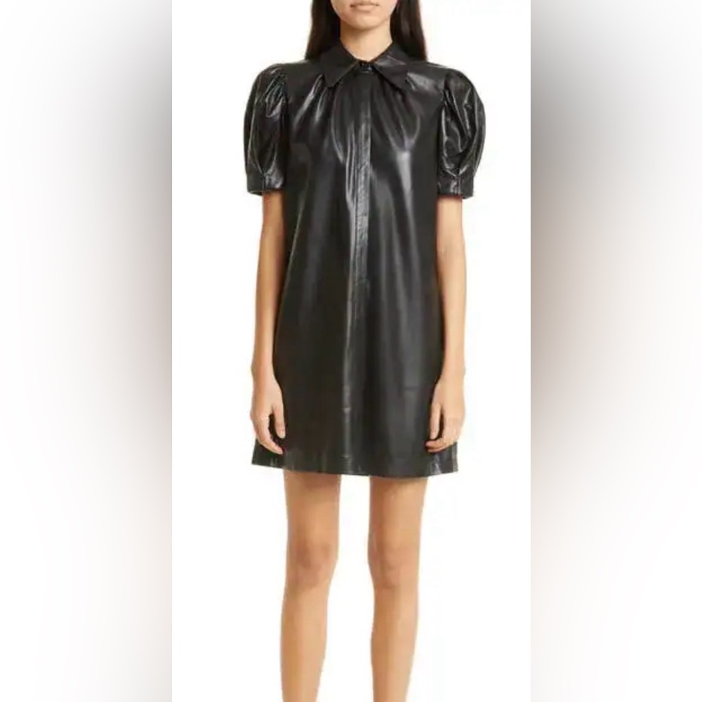 Alice + Olivia Black Jen Vegan Leather Puff-Sleeve Shirt Dress. Size XL - Picture 10 of 14
